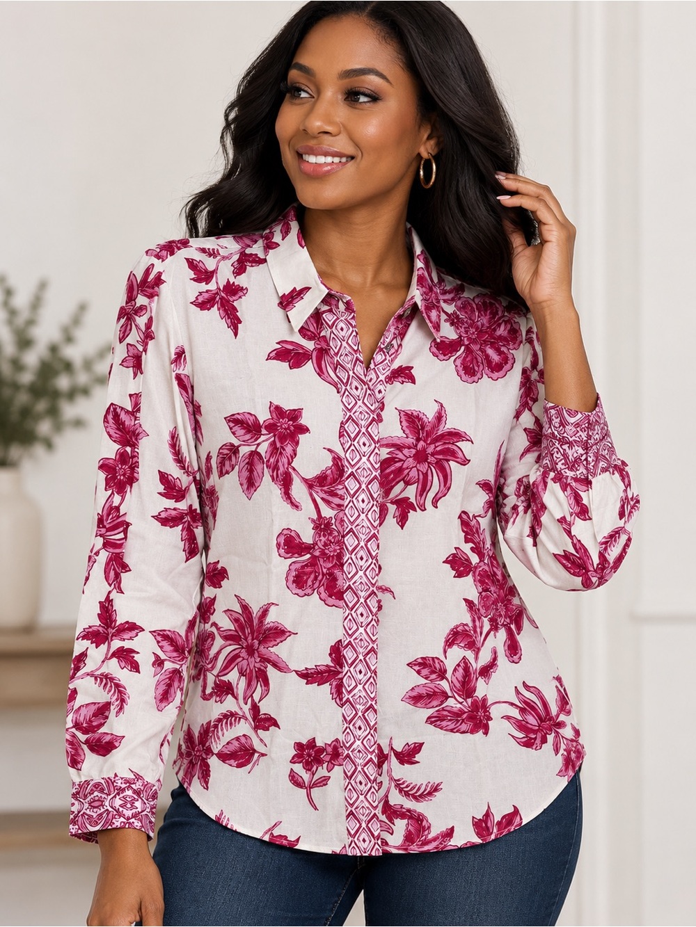 Zara Floral Button-Down Blouse โ Cream & Reddish-Magenta